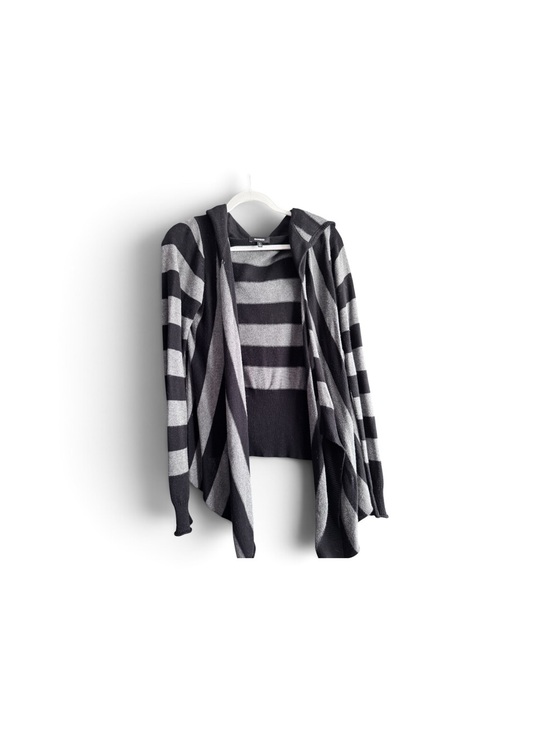 Express Sweaters - Express Striped Open-Front Hooded Cardigan - Black & Gray